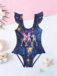 Girls' Stage Style Swimwear, Cute Fitted Design, Random All-Over Printed Knitwear, Ideal for Daily Wear & Playful Occasions