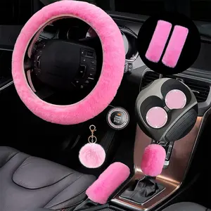 1 Set 9 Pieces Fluffy Car Accessories Set, Includes Fluffy Fuzzy Steering Wheel Cover Set Seat Belt Cover Rhinestone Ring Sticker Plush Keychain 2 Bling Car Coaster for Car Decor Girly Car Accessories