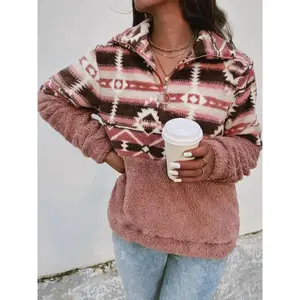 Women's Colorblock Print Drop Shoulder Zip Up Fuzzy Sweatshirt, Boho Long Sleeve Collared Polar Fleece Pullover Fall & Winter, Ladies Clothes Daily Wear