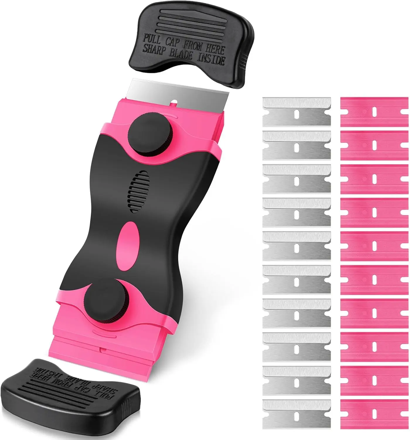Pink 2-in-1 Dual-Blade Surface Scraper Toolkit with Ergonomic Anti-Slip Handle, 20 Quick-Swap Replacement Blades (10 Silicone/10 Steel) - Scratch-Free Cleaner for Decal, Residue Removal, DIY Tasks