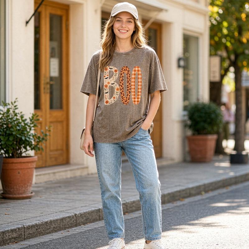 Women's Halloween Boo Graphic Print Top - Floral Leopard Gingham, Vintage Acid Wash, Oversized, Breathable Cotton, Short Sleeve Crew Neck, Fashion Fit Casual Tee