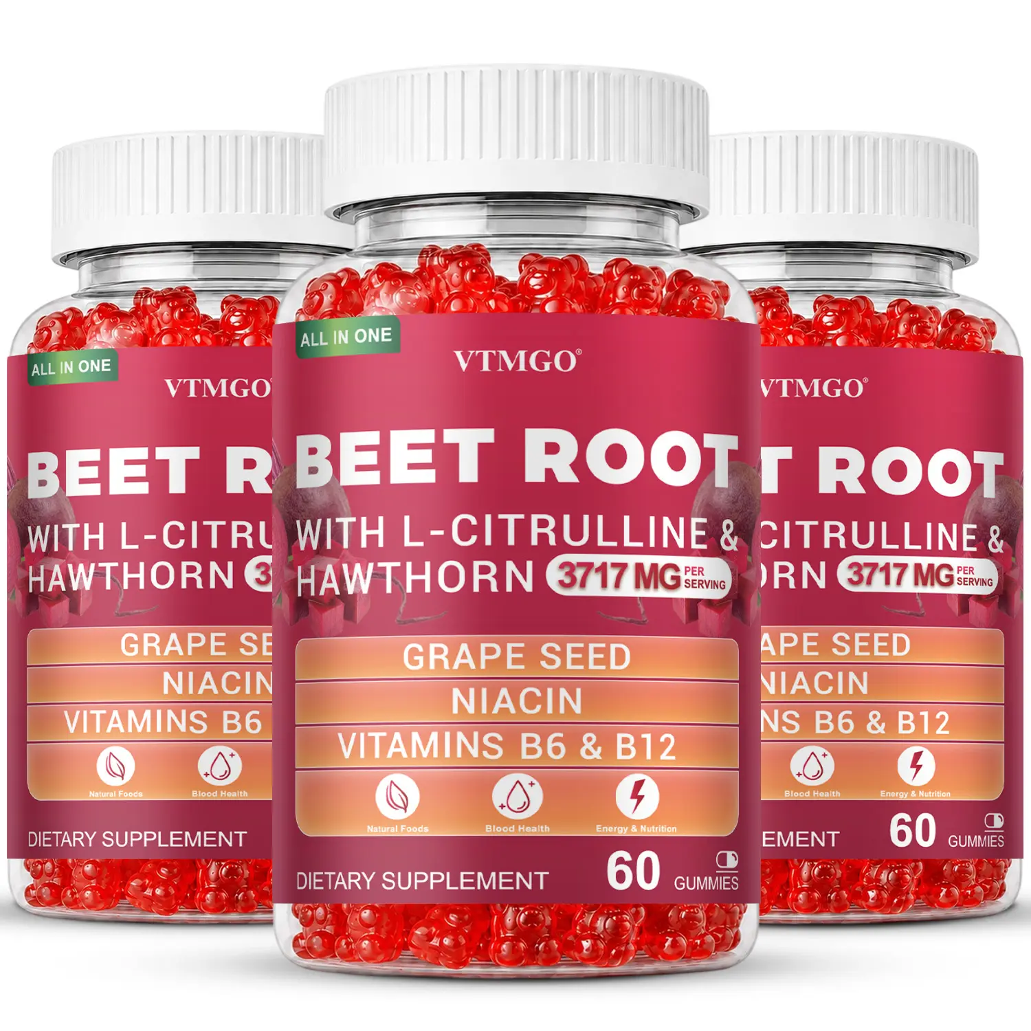 VTMGO Beetroot Edible Dietary Botanical Vitamin Supplement Set - 3 Bottles, 60 Gummies Total, Herbal Blend, Prop 65 Safe Healthcare Product