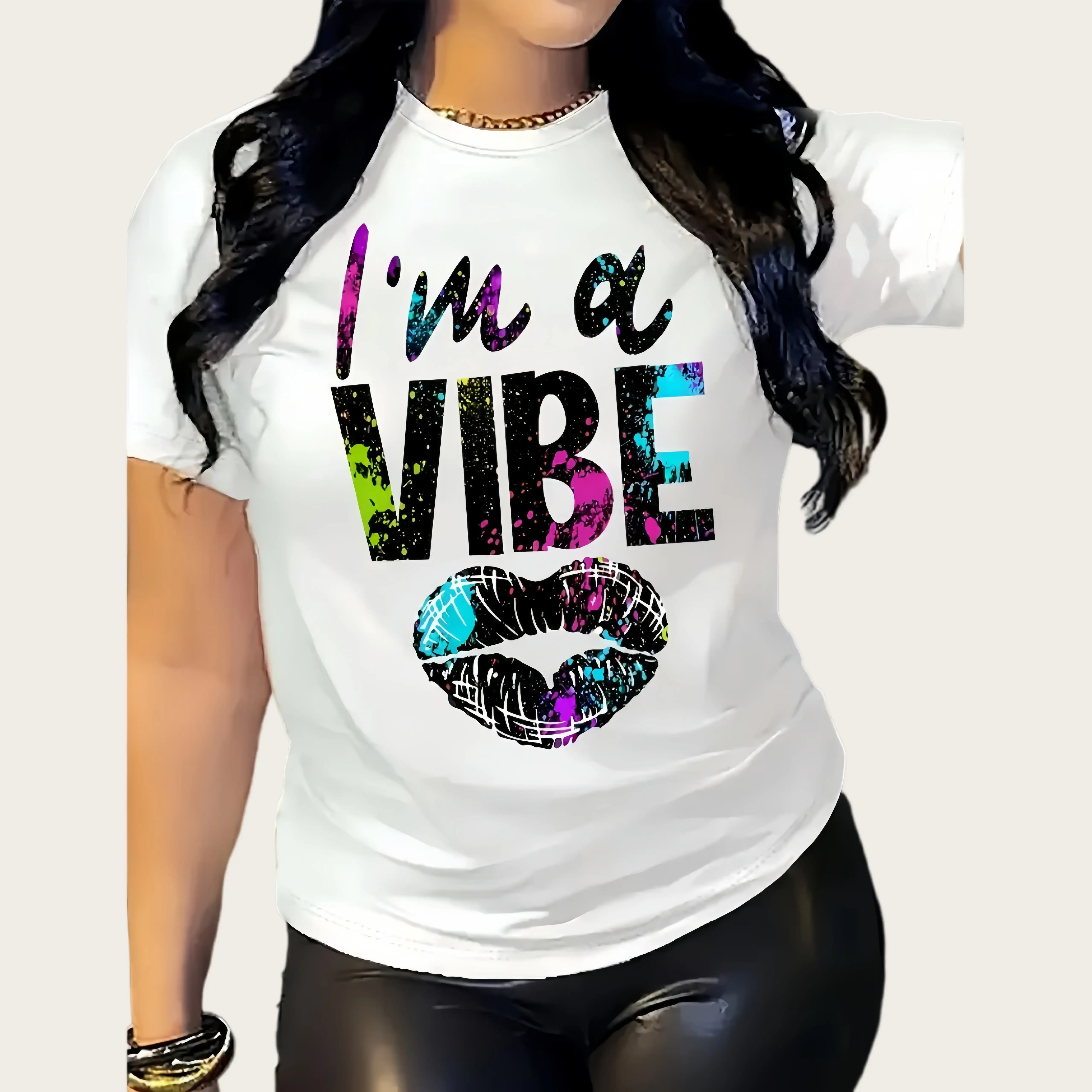 Women's Preppy Cotton Graphic Shirt - Basic, Sexy, Sweet Rainbow Lips Colorful Abstract Graphic Print Short-Sleeve Round Neck Casual Streetwear Top for Everyday Outfits