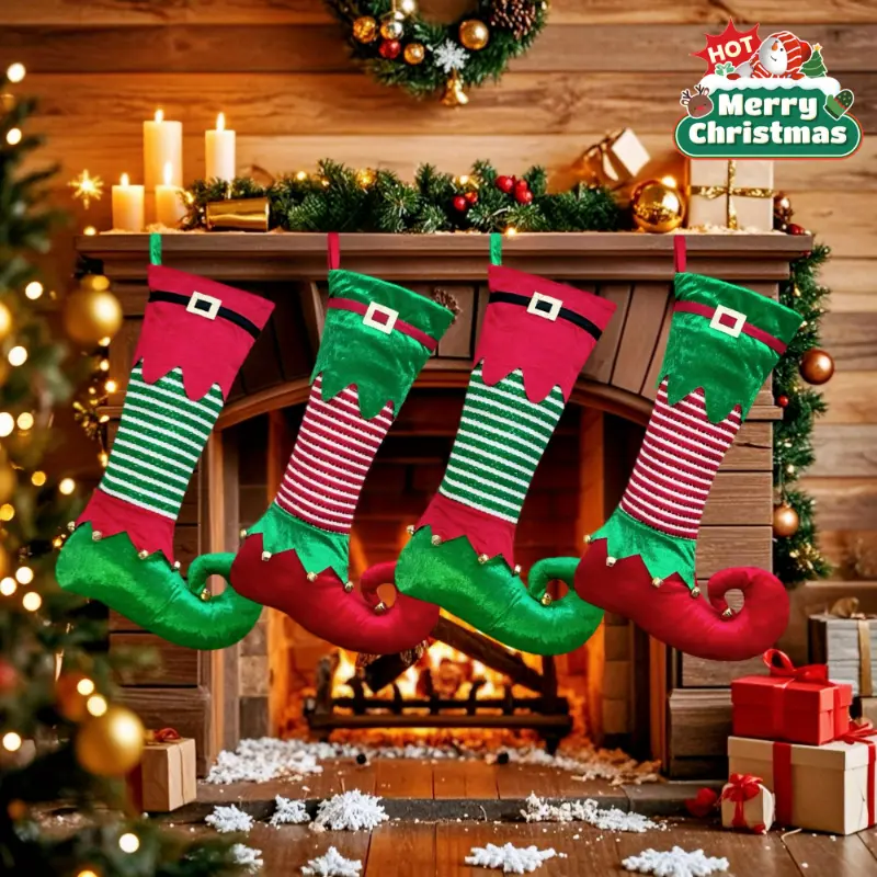 2pcs, classic Christmas stockings, elf Christmas stockings with bells, elf stockings, Christmas tree pendant gifts Christmas decoration