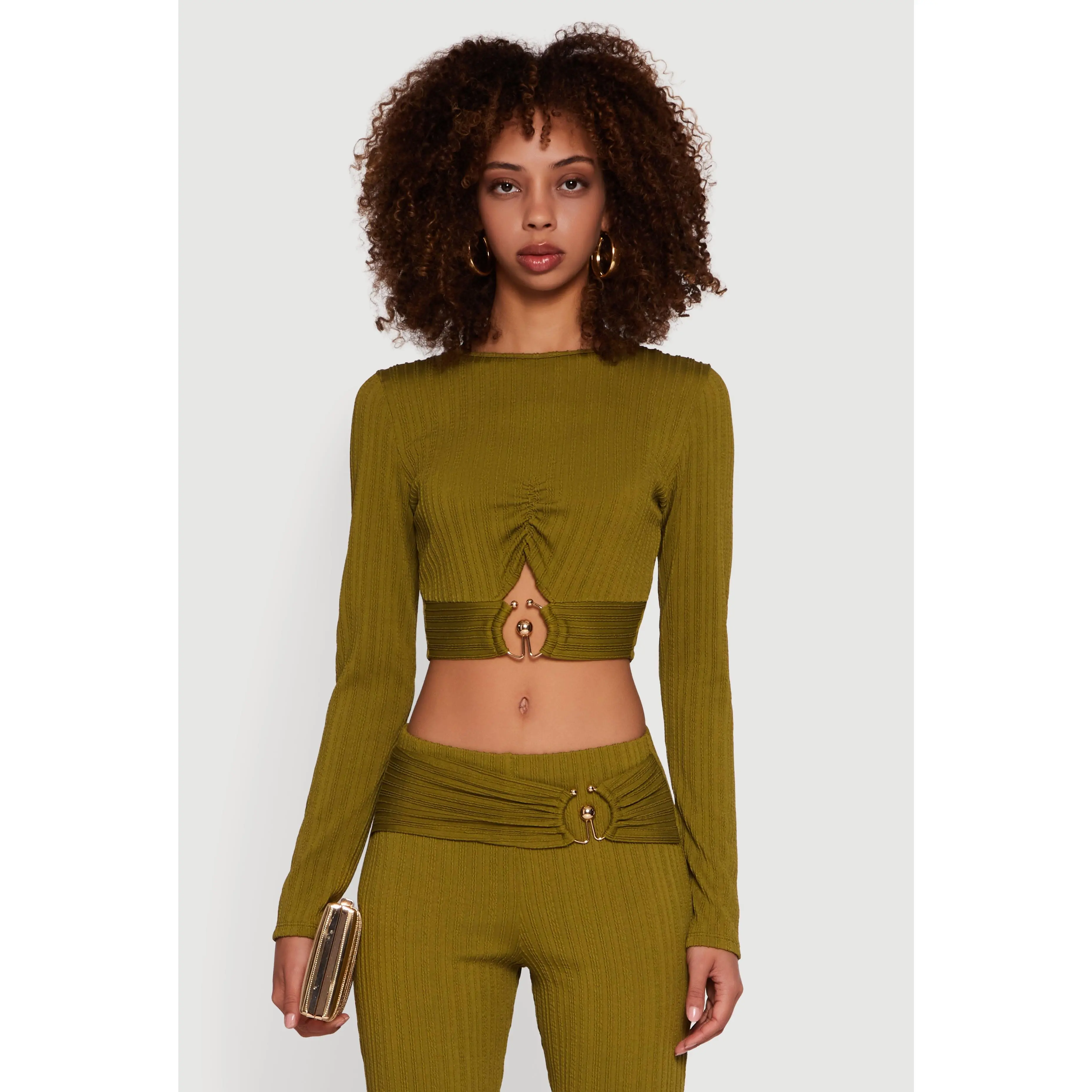 Cut Out Metallic Detail Long Sleeve Crop Top