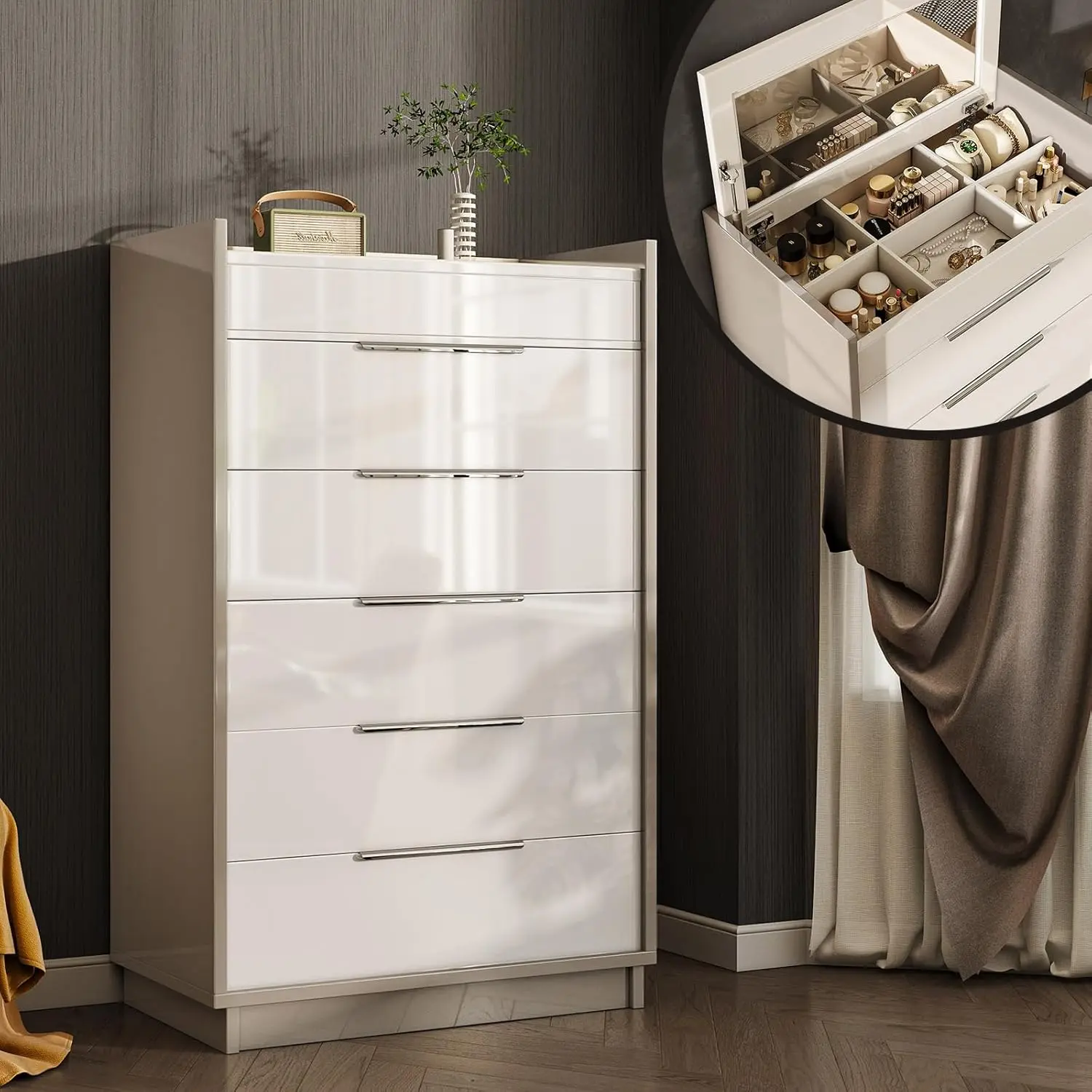 Amerlife Drawer Dresser Cabinet - Modern Dressers, Freestanding Wood Cabinet with 8/5 Drawers, High-Gloss Finish, Glass Tabletop, Jewelry Storage, Lift-Top Mirror, Cream & Grey, 100 lbs Capacity, Assembly Required for Bedroom, Dressing Room