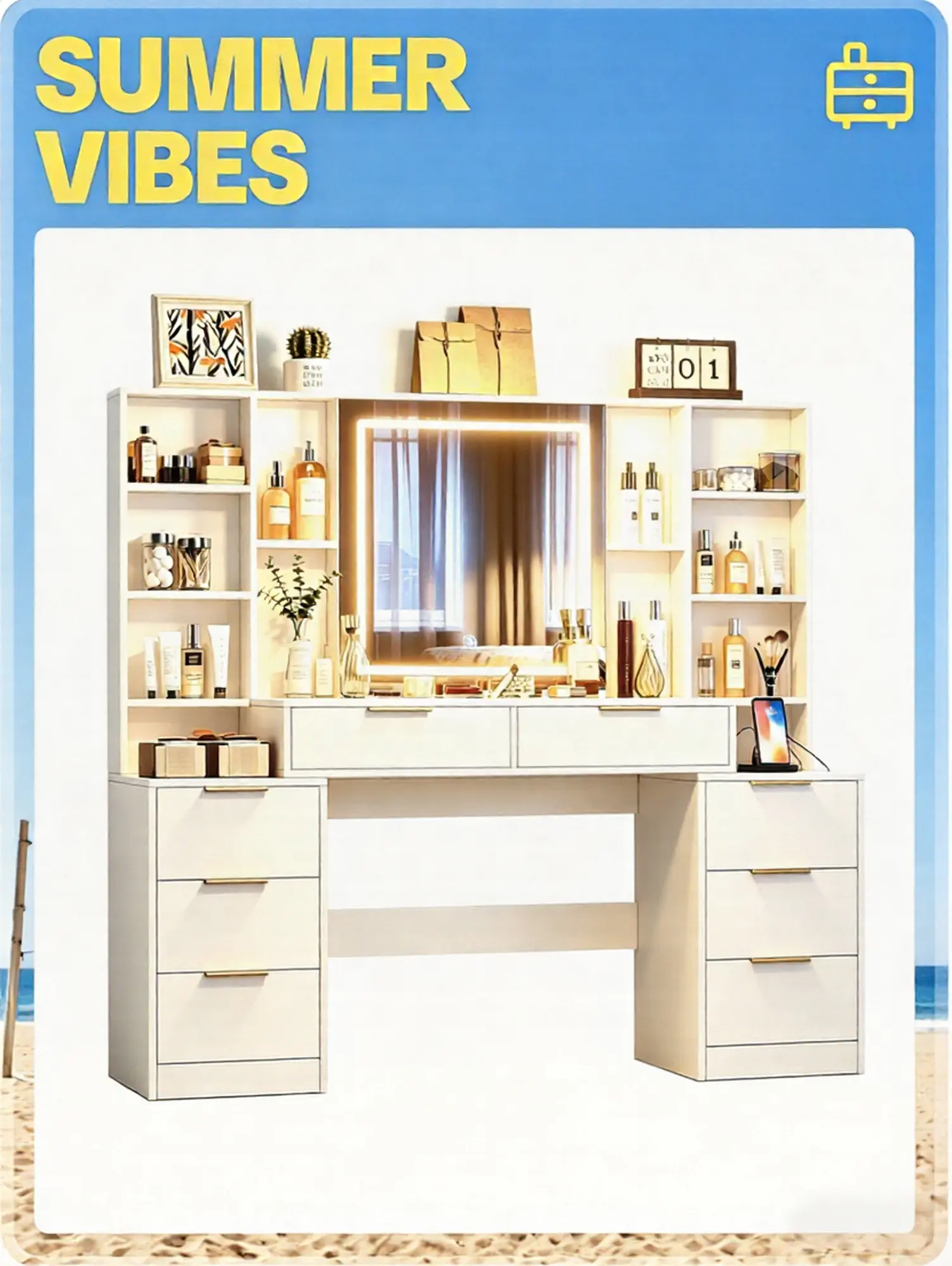 【LYZUNO】 59" Lighted Modern Wooden Makeup Vanity Desk with Mirror, 8 Drawers, Open Storage Shelves for Bedroom, White, Lighted Vanity Desk, Modern Makeup Vanity