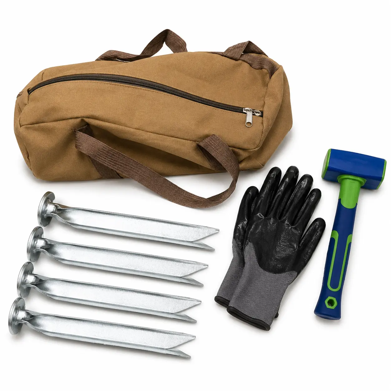 Galvanized Steel Ground Stake Kit with Rubber Mallet, Work Gloves & Carry Bag, Outdoor Anchor Stakes for Tent, Canopy, Garden & Camping Use