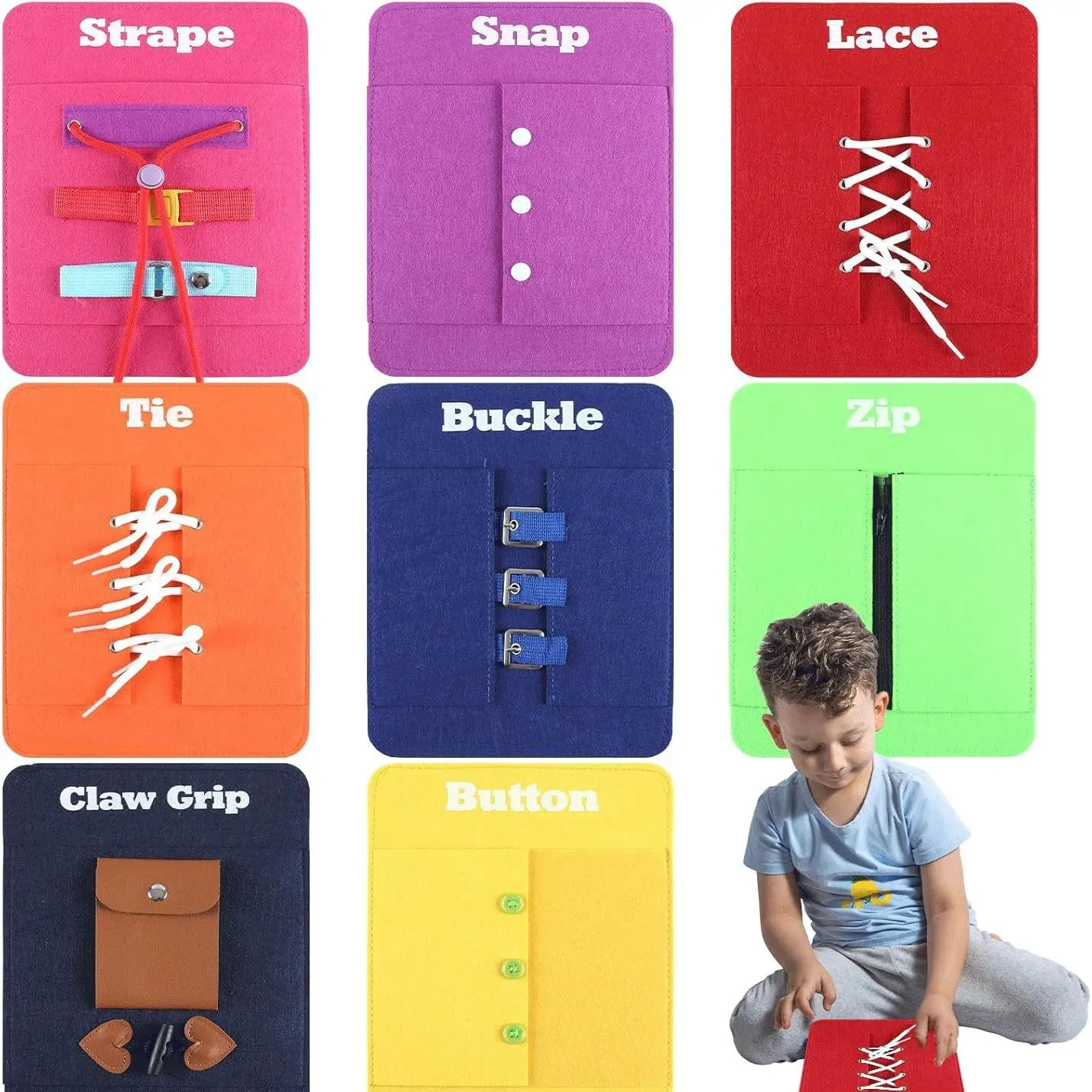 8PCS Toddlers Montessori Toys Busy-Board for 3 4 5 Year Girls Boys Gifts, Sensory Fine Motor Skills - Zip, Snap, Button, Buckle, Lace, Tie, Strape and Claw Grip Practice Practice for Kids Fine-Motor Skill Toys Teacher Resoures Preschool Classroom