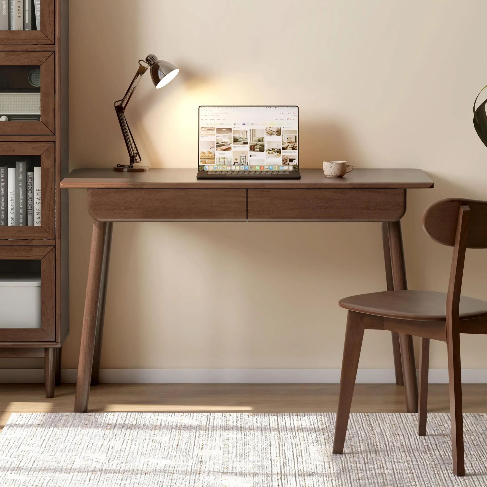 YESWOOD 100% Solid Wood Desk with Drawers, Walnut Color Office Desk, Mid Century Modern Writing Desk for Study Bedroom Living Room