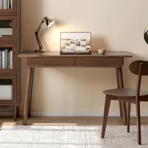 YESWOOD 100% Solid Wood Desk with Drawers, Walnut Color Office Desk, Mid Century Modern Writing Desk for Study Bedroom Living Room