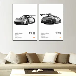 2pcs/set Unframed Pop Black And White France Luxury Sports Car Poster Wall Art Artistic French Print 911 GT3 RS Turbo On Canvas Print Garage Living Room Decor, Decoration