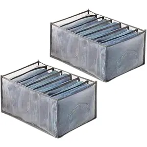 Wardrobe Clothes Organizer, 7 Grids Washable Portable Closet Organizer Mesh Separation Storage Box Foldable Closet Drawer Organizer for Underwear, Socks, Scarves, Jeans (Grey, 2 Jeans Grid)