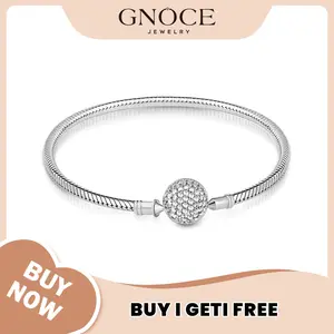 GNOCE Charm Bracelet S925 Sterling Silver DIY Snake Chain Endearing Gifts for Her Basic Charm Bracelet Dainty Bangle with Crystal Round Shape Clasp Birthday Gifts