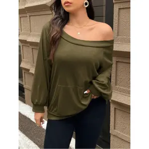Plus Size Women's Waffle Knit Off-Shoulder Top, Fitted Comfortable Plain Fabric Long Sleeve Shirt for Fall & Winter Fashion