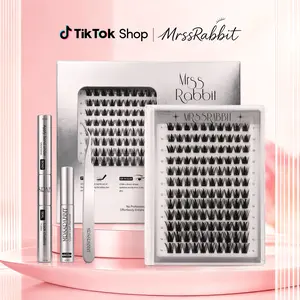 Rabbit Baby Doll eyelash and complete lash set, mixed lengths 9–16 mm, no in-store extension skills needed; fluffy D curl dynamic single cluster extensions; easy at-home makeup application—set includes adhesive fixing glue, lash remover, and extension twe