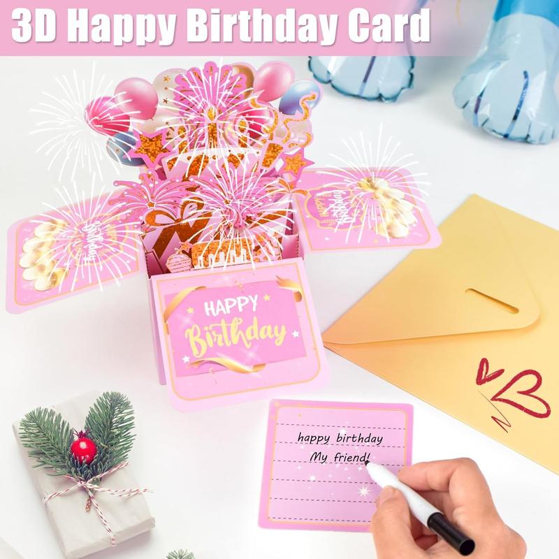 3D Birthday Card for Adults and Kids with Envelopes, Unique Design Handmade Foldable Greeting Cards for Daughter, Son, Mom, Dad, Friend（Pink）