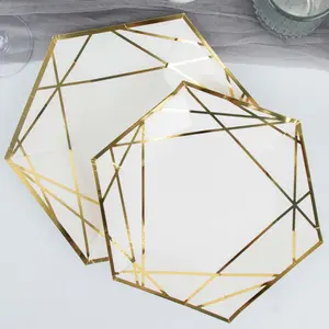 25-Pack Paper Hexagon Dessert Plates 7" White with Gold Geometric Lines & Rim - 300GSM Disposable Geometric Appetizer Salad Plates for Weddings & Cocktail Parties