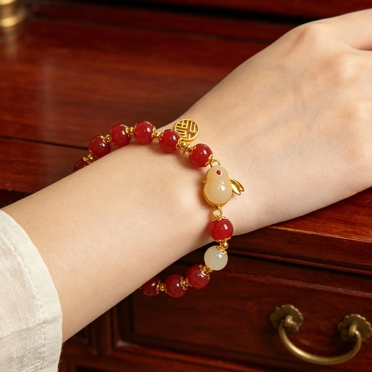 Red Jade Rabbit Charm Bracelet | Chinese Fu Sign Gold Plated Resin Beads Lucky Jewelry