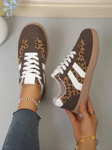 Women's Casual Sneakers, Thick Sole Flat Design, Comfortable Lightweight, Multifunctional Practical, Fashion Leopard Print Ladies Shoes, Casual Trainers