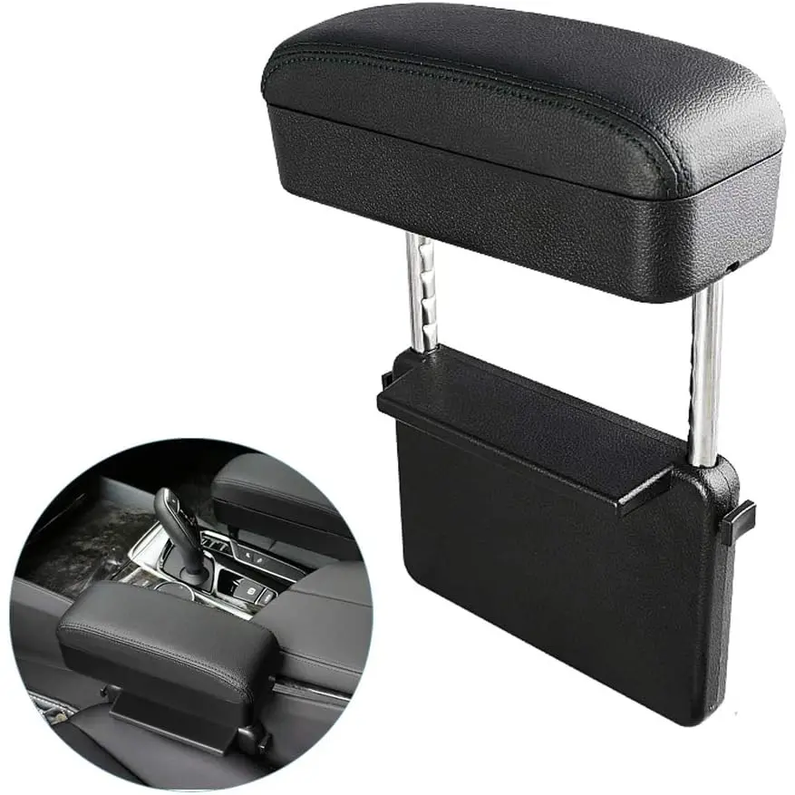 Blueshyhall Car Center Console Organizer with Wireless Charger, Black Leather Arm Rest, Removable Baffle, and Storage Box for Mobile Phones and Coins