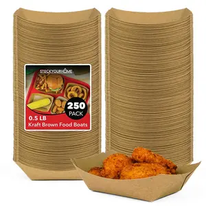 Stock Your Home [250 Pack] Small Disposable Brown Kraft Paper Food Trays, 0.5-Lb Concession Tray, Serving Boats for Party Snacks, Taco Bar, Seafood, Nachos Plates, Half-Pound