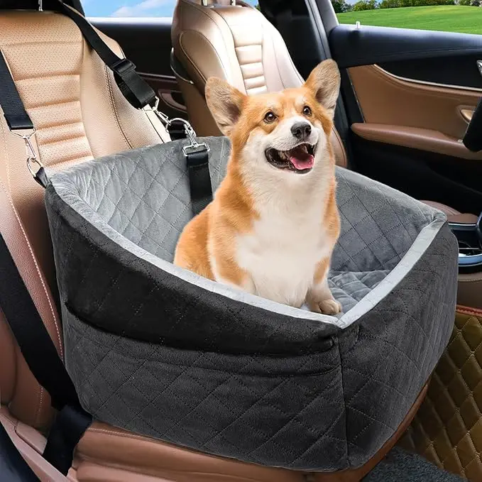 Yunpawpet Dog Car Seat for Small Medium Dogs Under 35lbs, Washable Booster Seat with Storage Pockets, Dog Bed Pet Travel Accessories with Safety Leash