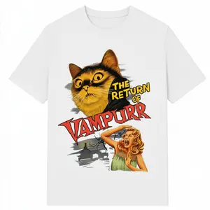 Hilarious 'The Return of Vampurr' Vampire Cat T-Shirt, Edgy Retro Horror Meme Graphic Tee, Soft 100% Cotton, Perfect Gift for Cat Dads & Gothic Girls