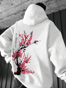 Men's Cherry Blossom Tree Print Thermal Lined Hoodie, Casual Loose Letter Print Long Sleeve Hooded Sweatshirt for Fall & Winter, Men's Clothes for Daily Wear