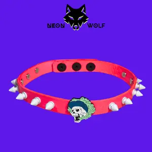 NEON WOLF Vibrant Pink Spiked Choker with Skull & Green Smoke Charm – Punk, Goth, or Skater Style for Bold Humans