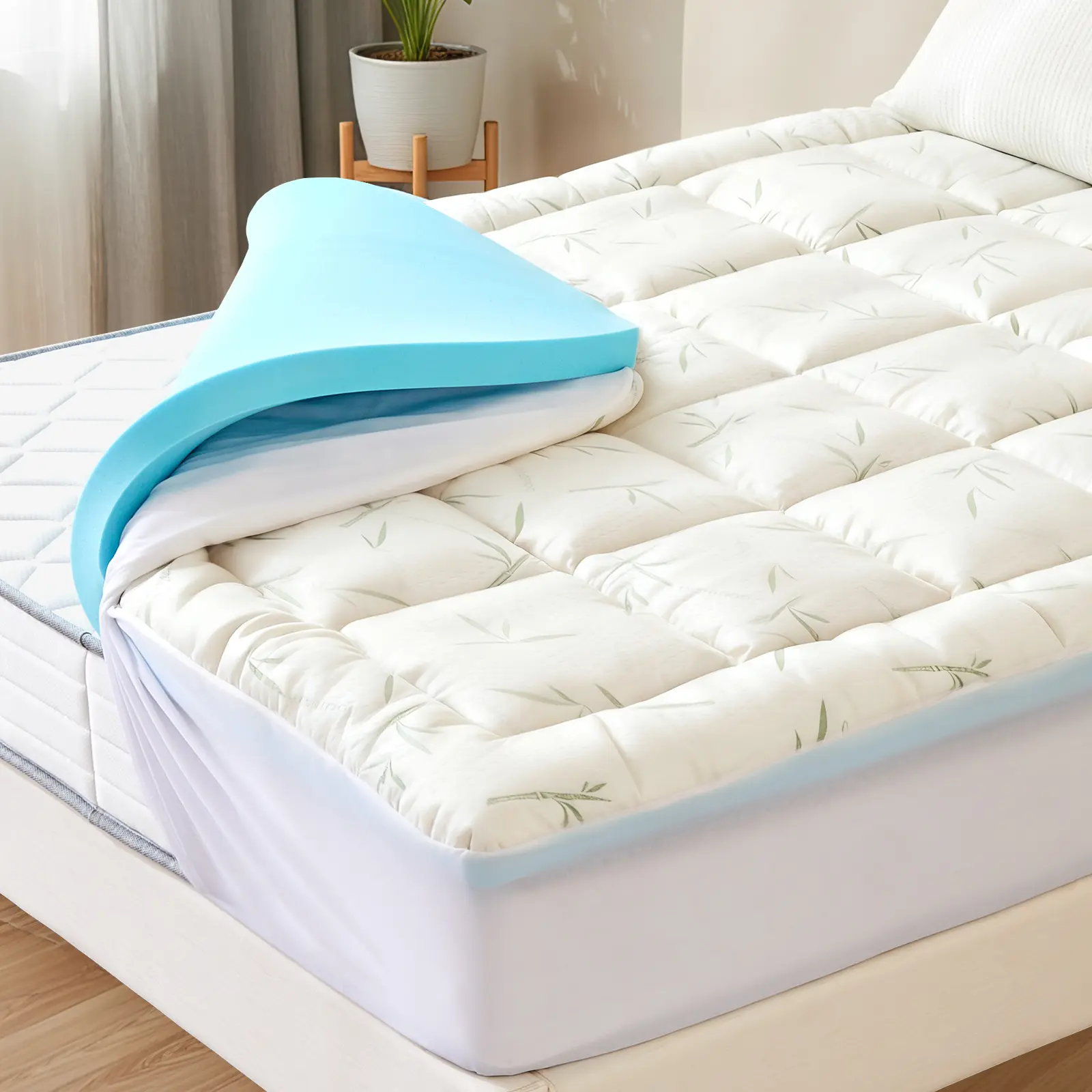4-Inch Dual Layer Cooling Mattress Topper - 2-In Cooling Gel Memory Foam, 2-In Down Alternative Pillow Top, Elastic Skirt Pad Cover with 8-21-In Deep Pocket for High Quality Comfortable Foam Fabric Deep Pocket Mattresses, Up To 21" Thick