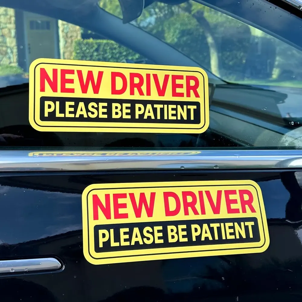2-Pack New Driver Humorous Non-Magnetic Car Bumper Stickers - Removable Stay Bright Vinyl Decals for Cars, Windows - Made in USA (10.75x4 in), New Driver Stickers, Humorous Bumper Sticker Pack