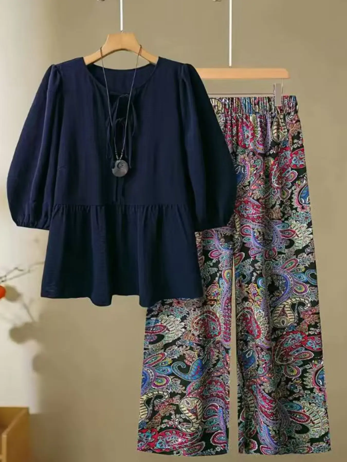Women's Summer Casual Boho Two-Piece Set, Loose-Fitting Belted Top & Wide-Leg Pants, Comfortable Daily Wear, Boho Outfit Sets, Boho Style Set, Bohemian, Womenswear