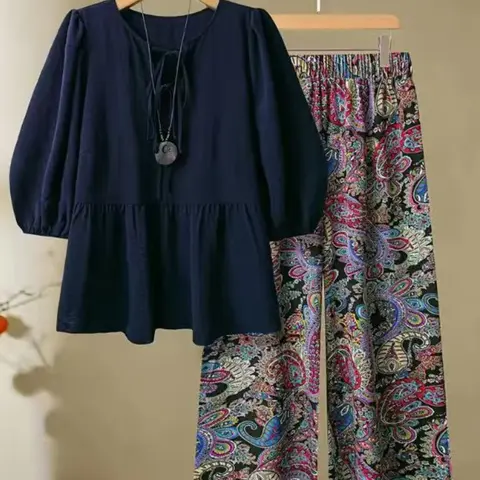 Women's Summer Casual Boho Two-Piece Set, Loose-Fitting Belted Top & Wide-Leg Pants, Comfortable Daily Wear, Boho Outfit Sets, Boho Style Set, Two Pieces Sets, Bohemian, Womenswear