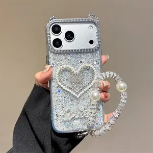 Heart Bow iPhone Case for iPhone 15/16 Pro Max, Transparent Glitter Design, Silver Foil Sparkle, Simple Protection, Durable Fashion Accessory
