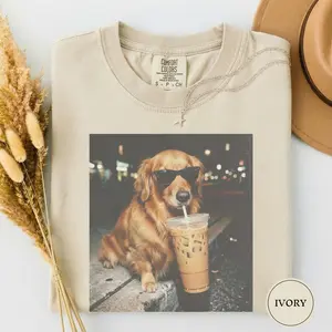 Comfort Color Funny Golden Retriever Drinking Iced Coffee Shirt, Dog Meme Graphic Tee, Silly Novelty Shirt, Sarcastic Gift, Funny Shirt Women Men