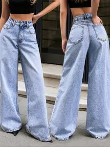 Elegant Women's High-Waisted Wide-Leg Jeans, Long Light Washed Denim Jeans, All-Season Casual Fashion, Slimming Fit