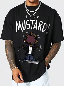 Mustard Cartoon Print T-Shirt, Loose Casual Short Sleeve, Fun Hip-Hop Streetwear, Breathable Soft Round Neck Top, Y2K Style Unisex Tee