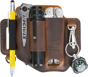 Full-Grain Genuine Cowhide Leather Multitool Sheath |  Stitched Belt Organizer for , Flashlight, Pen & EDC Tools | Multi-Tool Holster Pouch with  Clip