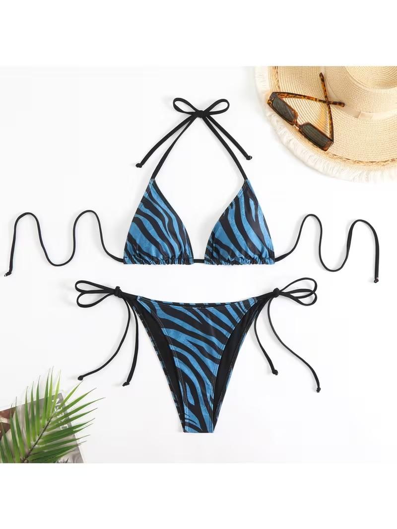 New Two-Piece Printed Bikini Set for Women with Straps and Split Design Geometric Pattern Mid Rise Lingerie Sets 100% Polyester - Fabric, Womenswear