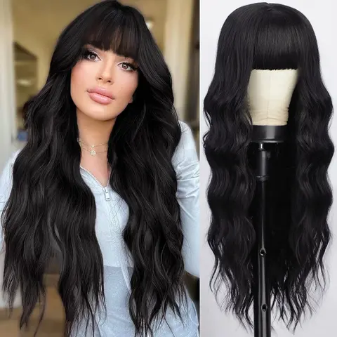 Sohochic AISI HAIR Female 21.5-22.5 Inches Long Black Wavy Heat-Resistant Synthetic Full Machine Made Wig with Bangs, Pre Cut Stylist-Friendly Wig, Realistic Illusion Hairline, Breathable and Comfortable Net for Daily Wear