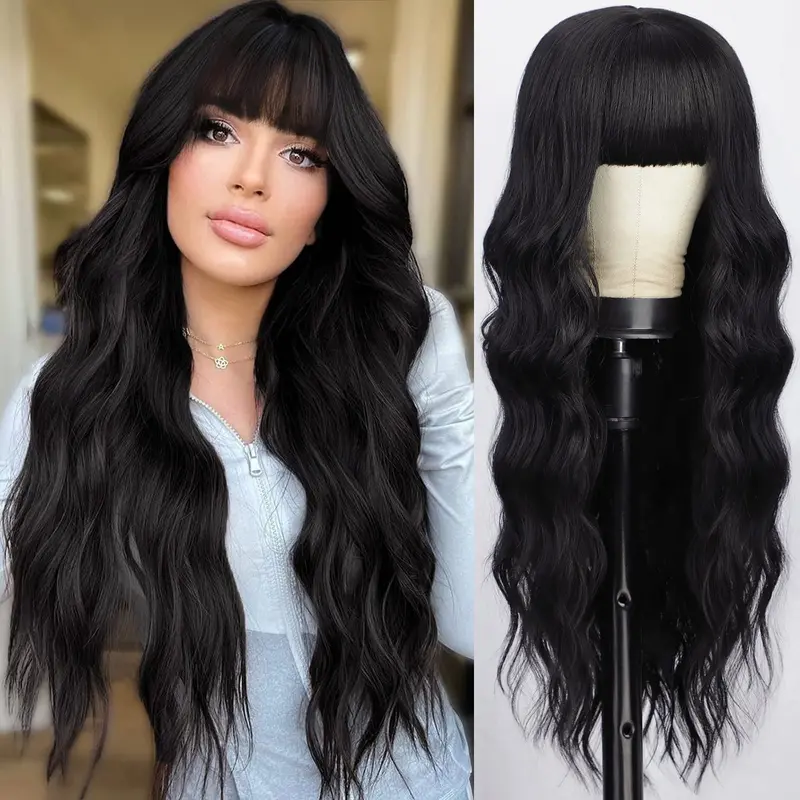 Sohochic AISI HAIR Female 21.5-22.5 Inches Long Black Wavy Heat-Resistant Synthetic Full Machine Made Wig with Bangs, Pre Cut Stylist-Friendly Wig, Realistic Illusion Hairline, Breathable and Comfortable Net for Daily Wear