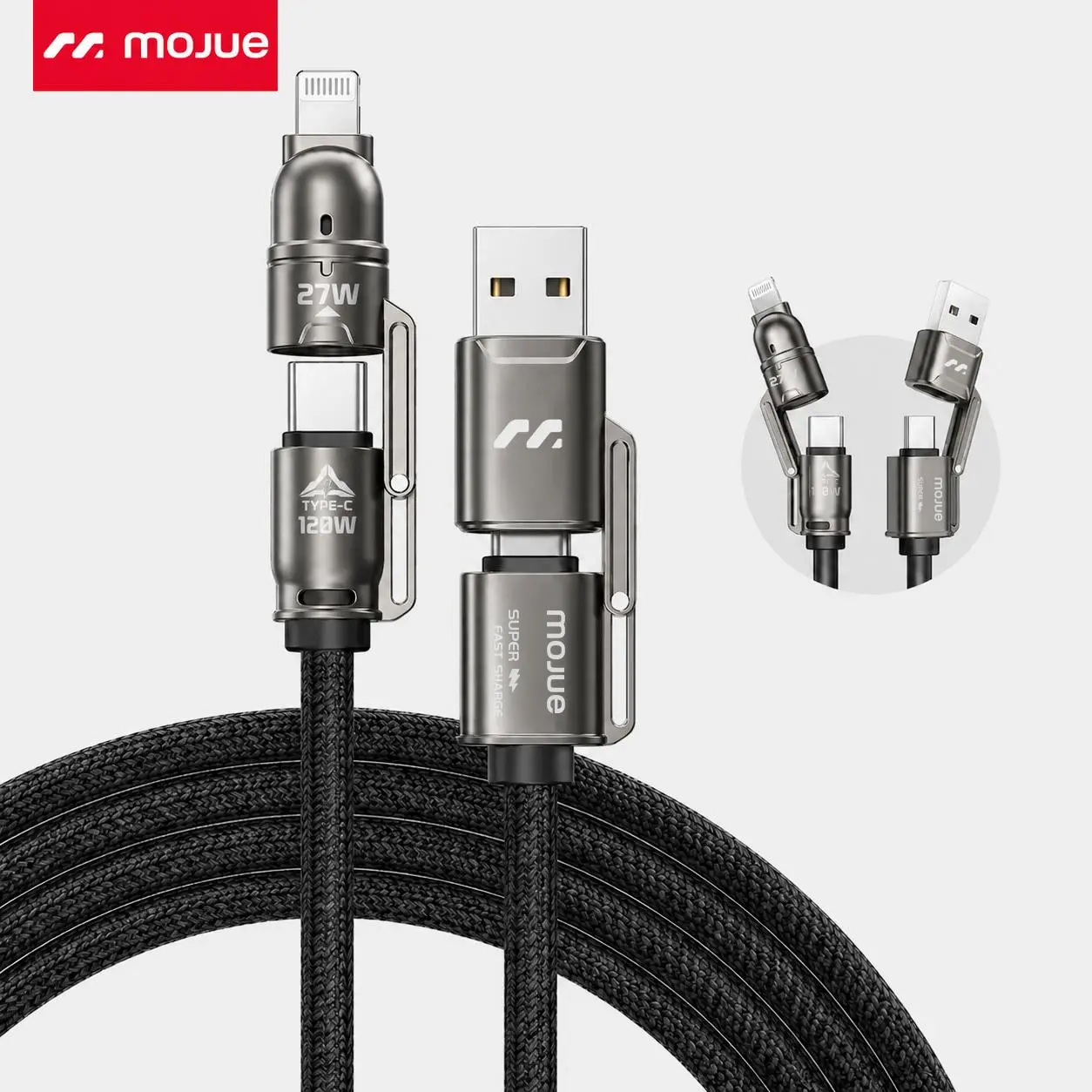 MOJUE 4-in-1 USB-C Fast Charging Cable, 5FT 120W Braided Data Cable with Type-C and Lightning Connectors, USB-A/USB-C Multi Charging Cord, Gray, Compatible with iPhone 17/16/15/14/13/12, iPad, AirPods, Samsung S25 and More#Back To School