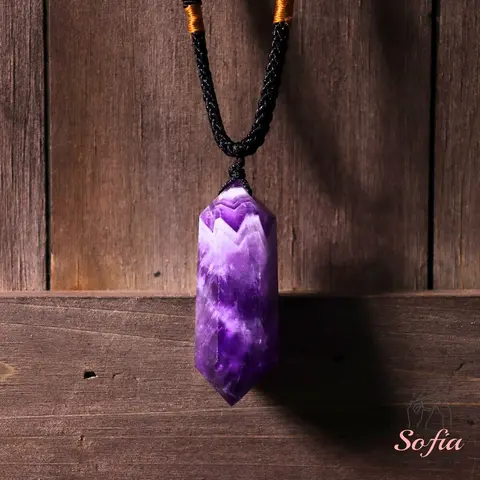 Sofia Natural Amethyst Chevron Wand Pendant Necklace, Healing Natural Stone Jewelry, 24-in Adjustable Rope Chain Charm, Crystal Jewelry Gift for Adults