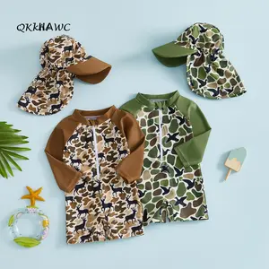Male baby UV resistant  swimsuit set, long sleeved with neck cap sun protection hat, summer beach camouflage printed swimsuit 2-piece set