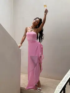 Elegant Summer Strapless Dress with Ruffle Split and Tie Straps, Perfect for Parties, Weddings, and Events, Women's Fashion Dress