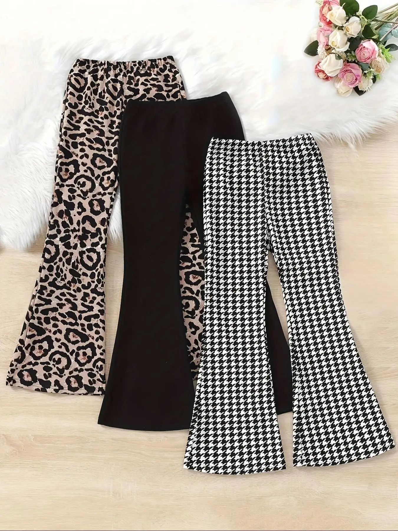 Girl's Plaid & Leopard ＆ Print ＆ Plain Flare Leg Pants, Casual Comfy Bell Bottom Trousers for Daily Wear, Girl Clothes, Kids Bottoms for All Seasons,