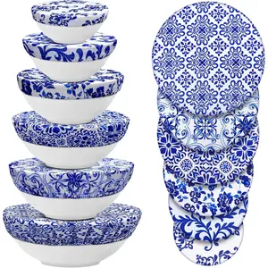 12 count  Bowl Covers Bulk 5 Size Elastic Cloth Fabric Bowl cover for Bread Proof Rising Sourdough Dish  Stretchy Storage(Blue Ceramic Style,Blue)