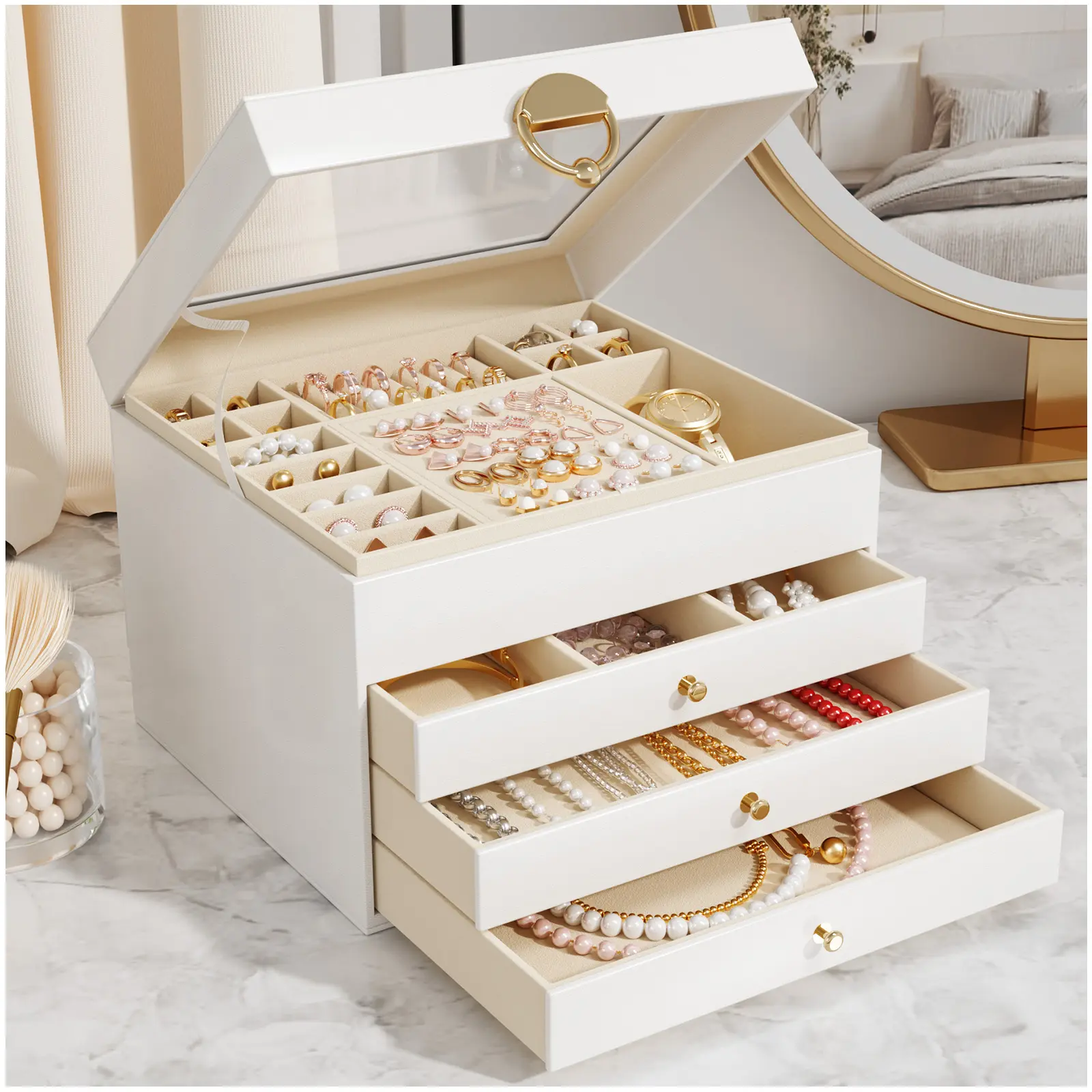 7 CODE 4-Tier Clear Makeup Organizer Box, Large Capacity Acrylic Vanity Storage with Drawers - Stackable Cosmetic Jewelry Organizer for Bathroom, Bedroom, Dorm & Countertop - Portable Beauty Storage Case with Handle