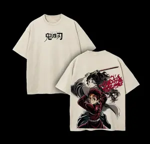 Kamado Tanjiro x Yoriichi Tsugikuni - Kimetsu no Yaiba Anime Double Printed Vintage Washed Tee Unisex Oversize Heavyweight Cotton T-shirt for Anime Fan